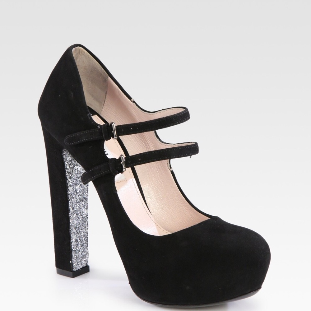miu miu suede mary jane glitter sole pumps